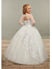 Sheer Long Sleeves Ivory Lace Tulle Flower Girl Dress